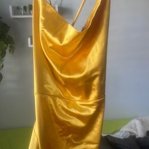 Yellow Windsor satin floor length dress thigh high slit